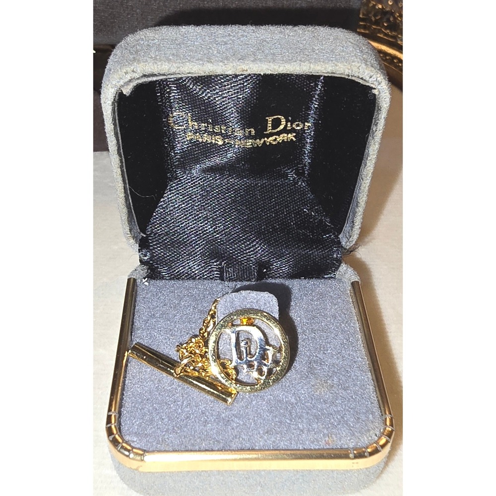 Vintage Christian Dior Two Tone Cutout Logo Tie Tac Chain Boxed Paris New York